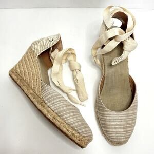Soludos Tan White Stripe Ankle Wrap Espadrille Wedge Heels 10